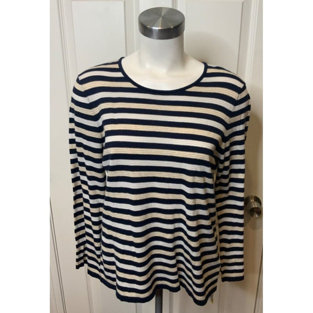 J. McLaughlin Blue White Gold Striped Long Sleeve Knit Top, Size M